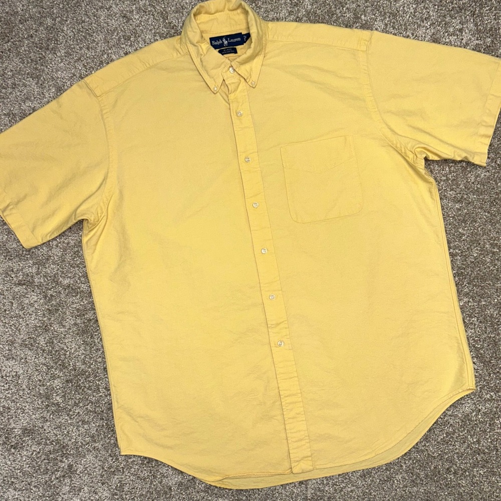 Ralph Lauren Blake Short Sleeve Button‎ Down Shirt Men Size Large Yellow Cotton
